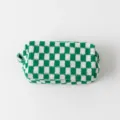 Detailed top view of a green and white checkered knit cosmetic bag with a side loop handle - 16*9*7cm / Green And White Grid