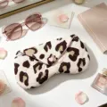 Detailed view of leopard print fabric eyeglasses pouch with cute pink heart button - Leopard Print