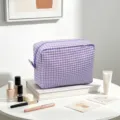 Bolsa de maquillaje de seersucker a cuadros morados y blancos, neceser de viaje grande - Púrpura