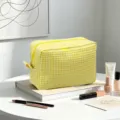 Neceser grande de seersucker de cuadros amarillos para viajes, bolsa de almacenamiento portátil - Amarillo
