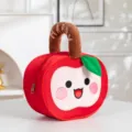 Cute red apple-shaped plush handbag with 'HAPPY' embroidered handle and smiling face - Happy Expression