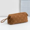 Bolso de viaje acolchado marrón de gran capacidad con bordado de lazo blanco para aseo - Bolsa de Almacenamiento (Bolsa de Secador) / Caramelo/Mariposa Blanca