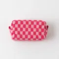 Pink and red checkered knitted makeup bag with large capacity for travel storage - 16*9*7cm / Red White Plaid