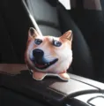 Primer plano de un divertido peluche de cabeza de perro en un reposabrazos negro. - Estilo Doge Shiba Inu / Tamaño: 12x12x10cm
