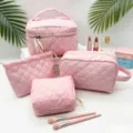 Juego de bolsas de maquillaje acolchadas rosas con gran capacidad para cosméticos - Bolso de Mano (24*11*15cm) / Rosa