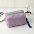 Neceser acolchado de cuadros morados portátil con cremallera verde para viajes diarios - Púrpura