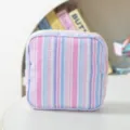 Portable square striped seersucker storage pouch in pink and blue for makeup or pads - Blue-Pink Striped