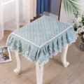 European style square stool cover, quilted makeup stool cushion with elegant lace trim details. - Floral Quilted Green