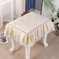 European style square stool cover with elegant lace ruffle and quilted embroidery design for home vanity. - Quilted Beige Floral