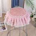 Pink lace round stool cover with quilted embroidery design, non-slip floral chair pad for home. - Red Floral Quilted with Lace