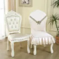 European style elastic chair cover with pleated skirt and quilted backrest detail for dining room - European Style One-Piece Seat Cover / Flowers on the Path in Beige