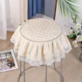 Detail view of round stool cover lace fabric quilted cushion chair pad home decor beige - Beige Floral Quilted with Lace