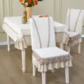 Quilted dining chair cover and tablecloth set with elegant lace trim, cream white style. - 1 Chair Cover (Order Matching Chair Qty) / V-Shape Lavender Beige Chinese Upholstery