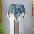 French vintage floral dust cover with white lace trim, small square decorative table cloth. - 85x85cm / Oil Painting
