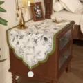 Vintage floral bedside table runner dust cover elegant green scalloped edge decor cloth - 50x100cm / Flower Field Promise - Upgraded Short Plush [Two White Faux Rabbit Fur Balls]