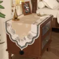 European vintage bedside table dust cover decorative cloth with floral pattern & tassels - 50x100cm / Moon & Floral Shadows - Upgraded Short Velvet [Two Black Faux Rabbit Fur Pom Poms]