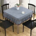 Grey square tablecloth dust cover for mahjong table or heating table with elegant ruffles. - Elk Pattern - Gray