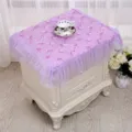 Elegant purple lace bedside table cover featuring floral embroidery and ruffle trim detail. - 75x80cm / Plum Embroidery Style (0960) / Plum Purple