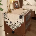 European vintage bedside table runner dust cover beige black floral decorative cloth - 50x100cm / Garden Show - Upgraded Short Plush [Two Black Faux Rabbit Fur Balls]
