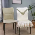 Housse de chaise de salle à manger matelassée de luxe nordique avec broderie en dentelle - Fleurs épanouies - Beige