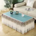 Vue détaillée de la housse de table basse rectangulaire élégante avec dentelle et tulle. - 50*100cm / Alice bleu résistant à l'huile et à l'eau