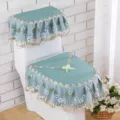 Detailed view of European style green quilted toilet seat cover set with elegant lace floral edges. - Three-Piece Set / Sophie Green