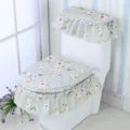 Pastoral style fabric padded thickened toilet seat cover three-piece set with floral lace. - Green