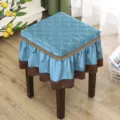 Quilted square stool cover with decorative skirt and floral lace, home decor fabric cushion. - Square Thirty by Thirty Centimeters / Glossy Blue Quilted