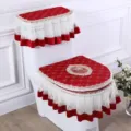 Red and white fabric toilet cover set with lace ruffle and rose embroidery for bathroom decor. - Bright Red