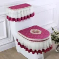 Fabric toilet seat cover set in purple with white mesh lace ruffles and floral decor for bathroom. - Purple