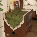 Vintage botanical floral bedside table runner dust cover green cloth with decorative tassels - 50x100cm / Green Wonderland - Upgraded Short Velvet [Two Black Faux Rabbit Fur Pom Poms]