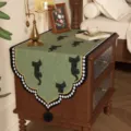 Vintage bedside table cover dust-proof cloth retro decorative runner for nightstand bedroom decor - Padice - Upgraded Short Plush [Two Black Faux Rabbit Fur Pom Poms]