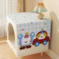 Copertura antipolvere a quadri blu in stile crema con stampa di simpatici cartoni animati per comodino - Dolce al burro carino - peluche corto sagomato