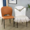 Luxury embroidered dining chair cover, quilted satin ruffle design for home kitchen. - Chair Cover / Beige