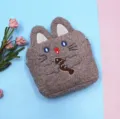 Close-up detail of the cute plush cat storage bag with a small fish embroidery and zipper - Grey Small Fish