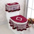 Korean style velvet lace toilet seat cover set, elegant wine red bathroom decoration. - Red