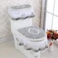 Detailed view of the Korean style velvet lace toilet seat cover set in elegant grey color. - Gray
