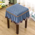 Blue quilted square stool cover with gold trim, elegant vanity slipcover. - Square Thirty by Thirty Centimeters / Faux Mink Velvet Grey Quilted