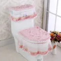 Pink velvet lace toilet seat cover set, Korean style fabric bathroom decor dustproof. - Pink