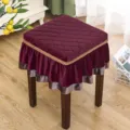 Thickened velvet square stool cover with elegant gold trim and ruffled hem for home furniture decor. - Square Thirty by Thirty Centimeters / Faux Mink Velvet Wine Red Quilted