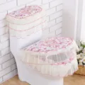 Floral toilet seat cover 3-piece set, lace ruffle tank and seat cushion for bathroom. - Three-Piece Set / Brushed Floral Beauty