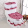 Korean style velvet lace toilet seat cover set 3 pieces with dust cover for bathroom decor. - Fuschia