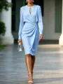 Abito midi azzurro chiaro maniche lunghe scollo tondo vita plissettata elegante - Taglia S / Azzurro
