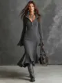 Donna autunno moda manica lunga mezza zip abito sirena in maglia a costole elegante maxi abito - Taglia S / Grigio
