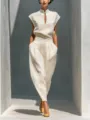 Completo elegante donna lino top collo coreano ritaglio e pantaloni barile vita alta - Taglia S / Top And Bottom / Bianco
