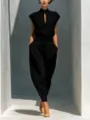 Elegant cutout stand collar top high waist barrel pants detail view for women fashion wear - Black
