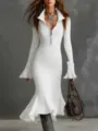 Abito sirena a costine bianco da donna autunnale con zip sul colletto e maniche a tromba. - Taglia S / Bianco
