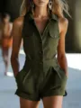 Olive green sleeveless utility romper detail showcasing V-neck, buttons and chest pockets. - Army Green