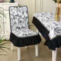 Black and white botanical print dining chair cover and tablecloth set with ruffles - Chinese Style All-Inclusive Universal Chair Cover / Flower Cluster - Black