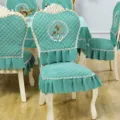 European quilted dining chair cover set with matching tablecloth, elegant green lace design. - Chair Cover / European Style Deer - Green